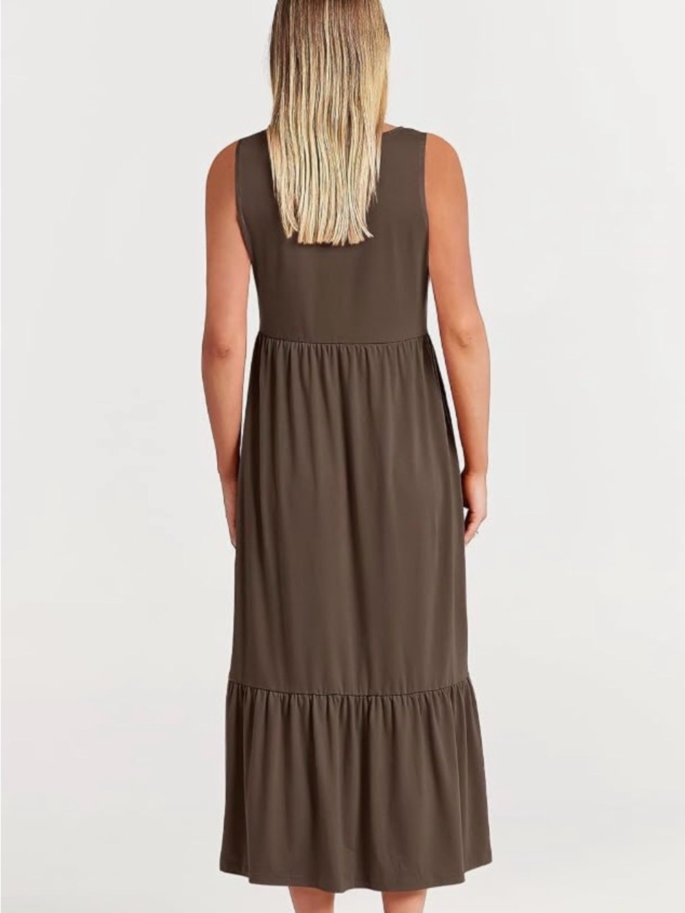 Sleeveless Brown Tiered Maxi Dress with Pockets - Picture 3 of 3
